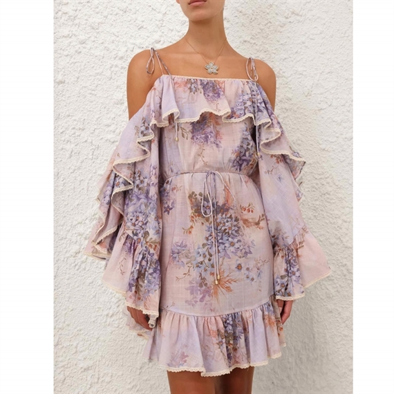 Zimmermann Cascadian Ruffle Mini Kjole, Lilac Botanical Floral 